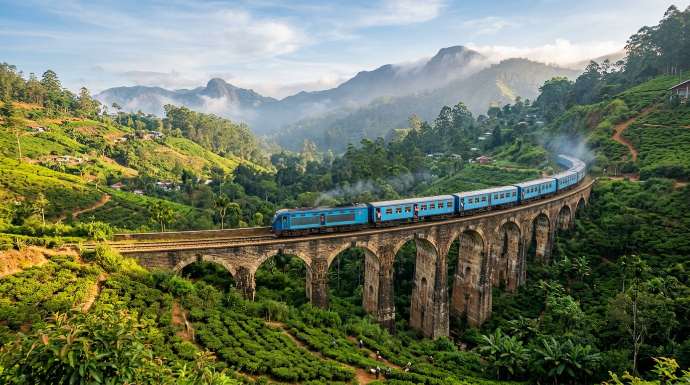 Historic Nine Arch viaduct and blue train through high-country cloud forests